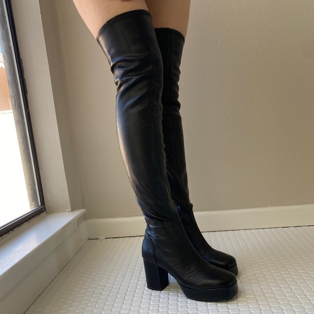 Jeffrey Campbell black leather thigh high boots